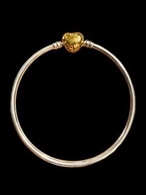 Authentic Pandora Gold Heart Clasp Silver Bangel Bracelet - Size 7.5/19cm - MINT